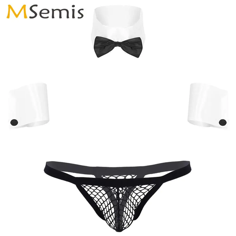 Mens Porno Maid Roleplay Lingerie Set Transparent Fishnet Bikini Thong+ Collar Cuffs Sexy Servant Uniform Erotic Cosplay Costume