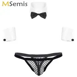 Mens Porno Maid Roleplay Lingerie Set Transparent Fishnet Bikini Thong+ Collar Cuffs Sexy Servant Uniform Erotic Cosplay Costume