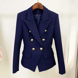 Chaqueta clásica de moda para mujer, Blazer de línea de algodón texturizado con doble botonadura y botones de León plateado, 2024