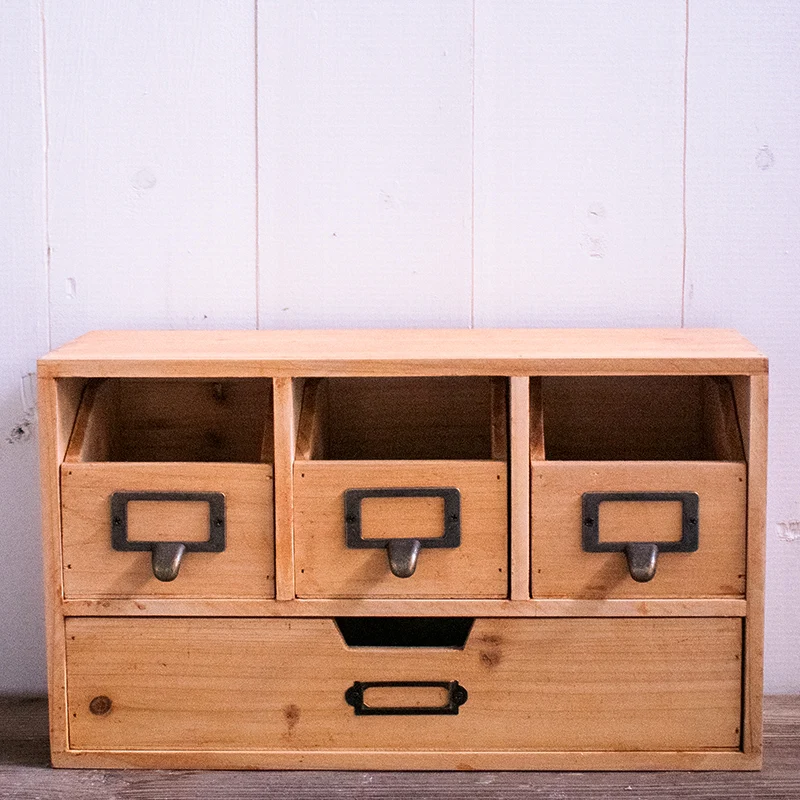 Mini gabinete artesanal de madera maciza hecho a mano, 3 cajones, tablero, vintage