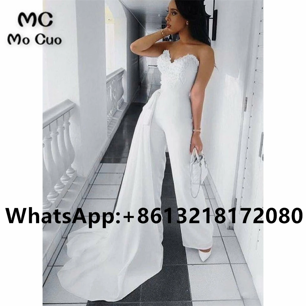 

2021 Jumpsuit Pants Wedding Dresses Long Lace Appliques Sweetheart Elastic Satin Boho vestido de Women Bridal Gowns