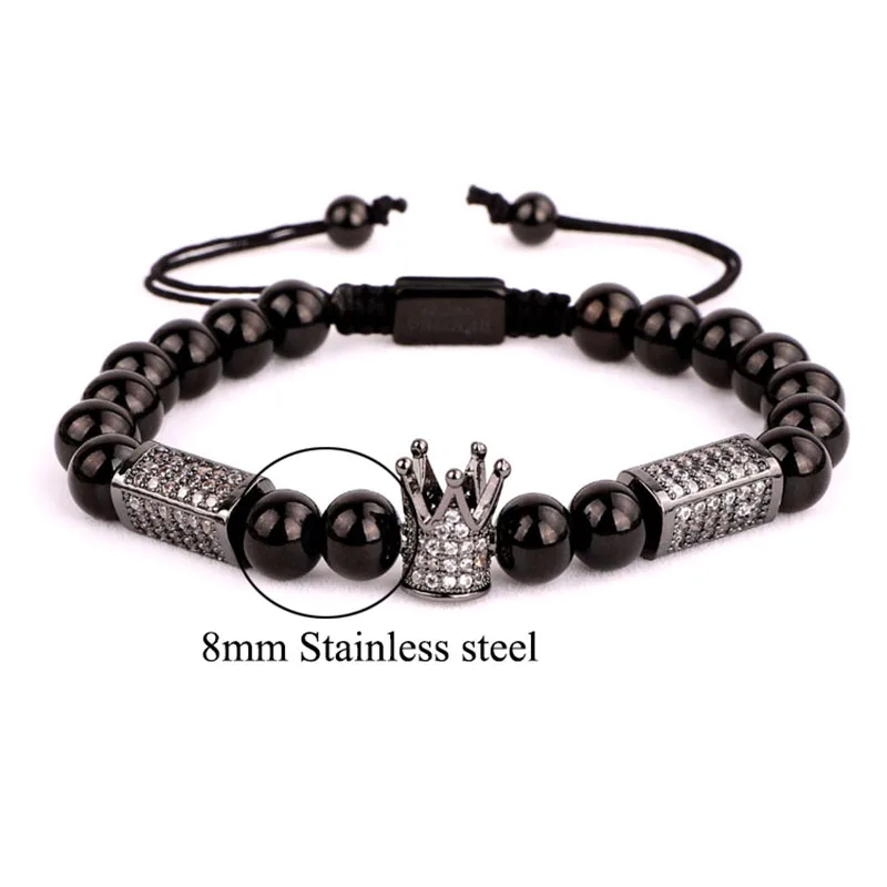 High Quality New Luxury Men Women Jewelry CZ Crown Charm Stainless Steel Beads Macrame Bracelet