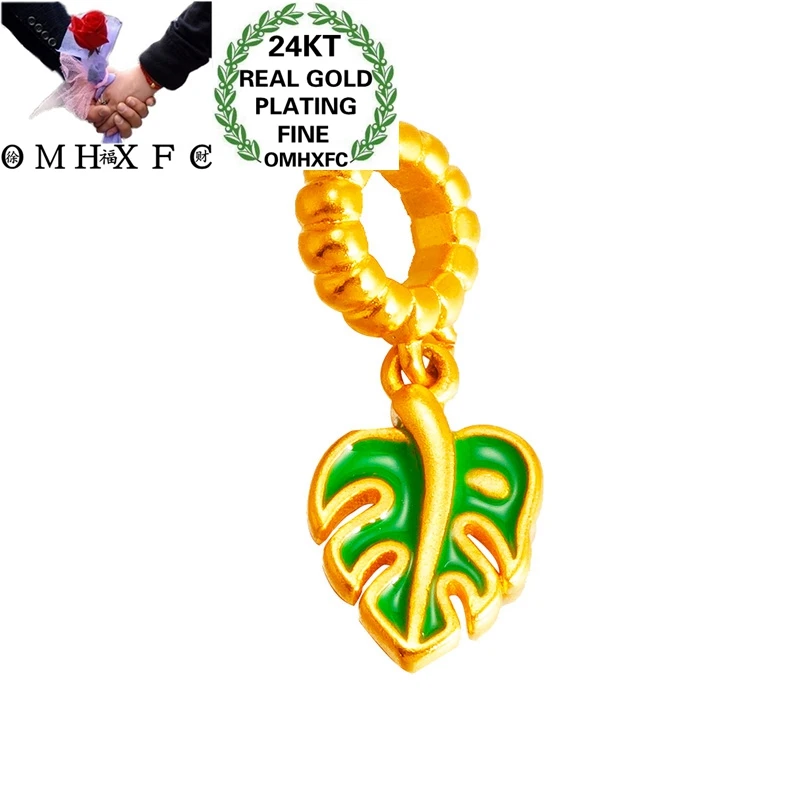 OMHXFC Jewelry Wholesale PN396 European Fashion Fine Woman Girl Party Birthday Wedding Gift Green Leaf 24KT Gold Pendant Charm