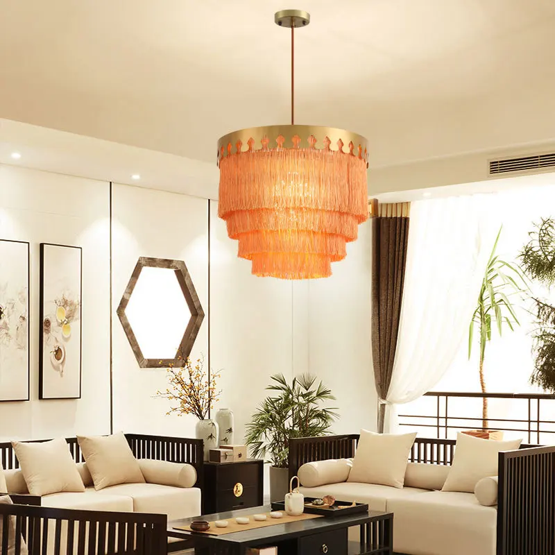 Nordic Postmodern Simple Light Luxury Tassel Lamp Living Room Bedroom Hotel Gold/Pink/Gray/Green/Orange LED Chandelier Lights