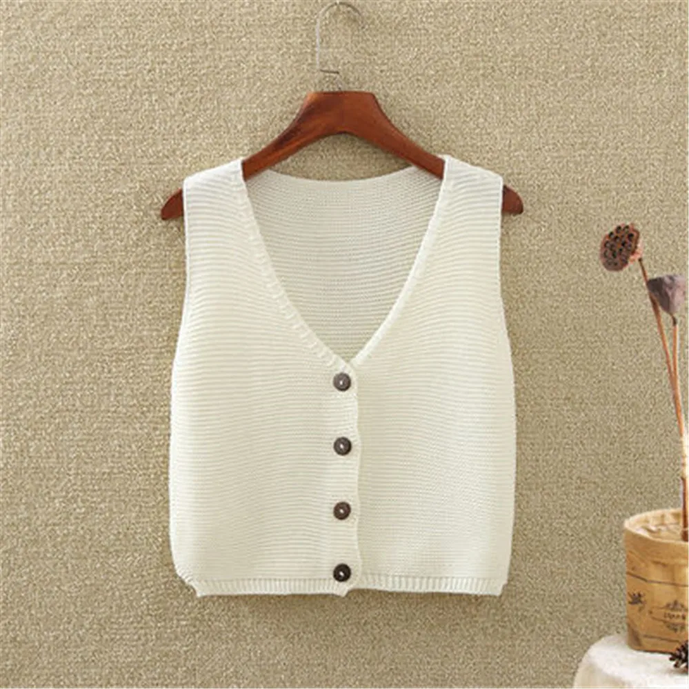 2023 Retro Streetwear Top Clothing Womens Sweater Vest Women Single Breasted Button Sleeveless V-neck Knitting Korea Solid Short