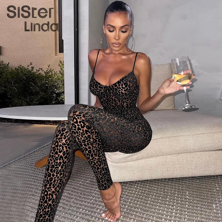 

Sisterlinda Fashion Leopard Print Sexy V Neck Skinny Jumpsuits Women Sleeveless Backless Party Workout Female Rompers Activewear