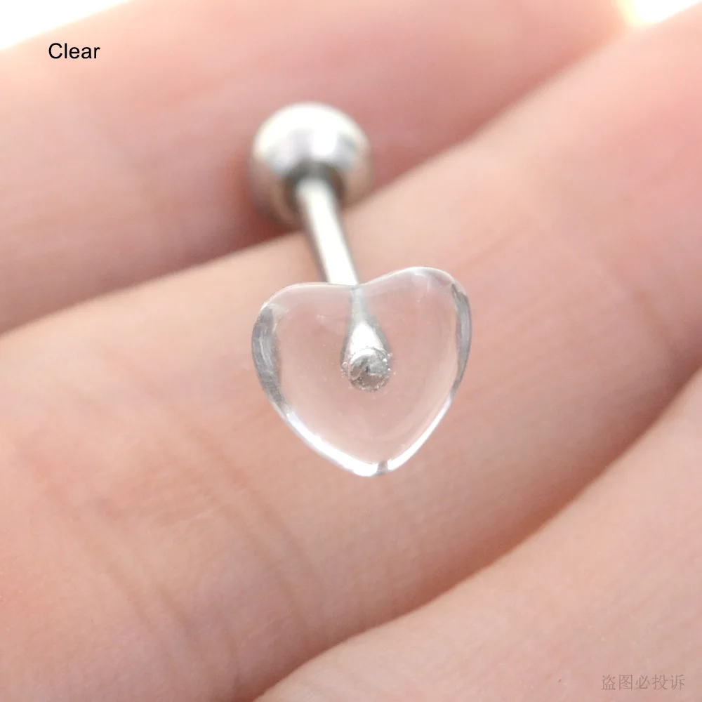 Starbeauty 2Pcs New Sequins Acrylic Heart Tongue Piercing Barbell Tongue Rings Surgical Steel Bars Tounge Ring Women Men Jewelry