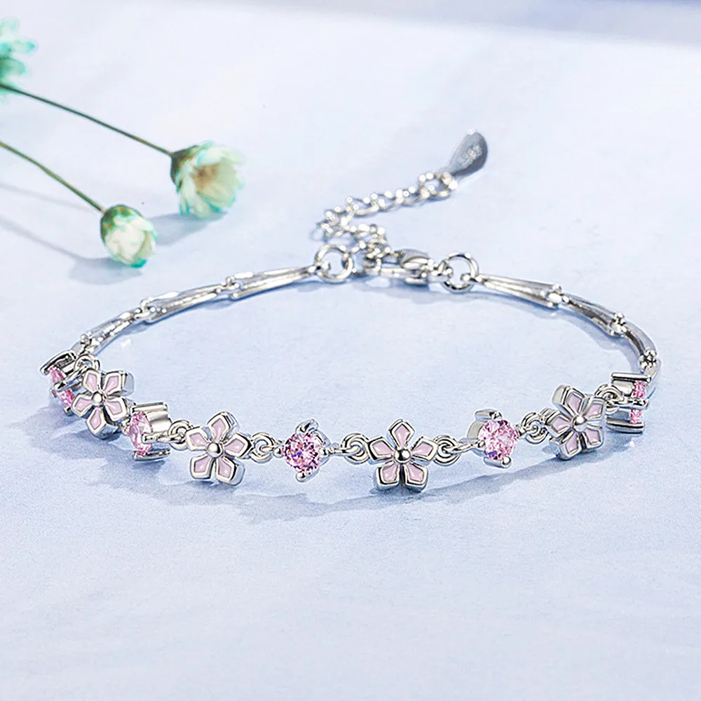 Bracelets de chaîne en pierres précieuses Sakura pour femmes et filles, bijoux de couleur rose, cristal, Zircon, blanc, or, argent, à la mode