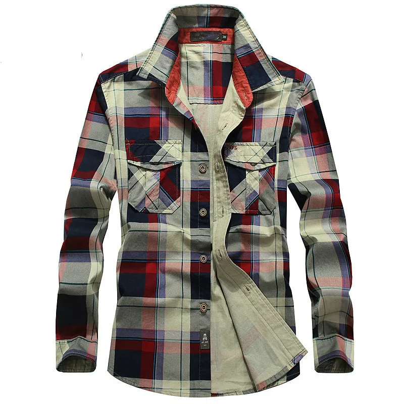 Plaid Shirt Men 100% Cotton Spring Summer Autumn Long Sleeve Denim Pockets Mens Shirts Camisetas hombre Plus Size 4XL