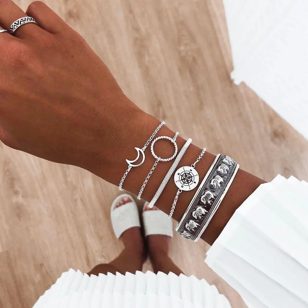 5pcs/Set Ancient Silver Color Retro Bangle Set For Women Elephant Totem Sun Moon Compass Charm Open Bracelet Vintage Jewelry