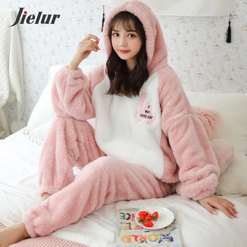 Jielur Warm Women Pajama Sets Winter Lady Long Sleeve Shirt+Pants Home suit Hooded Cartoon Print Thick Pijama Feminino