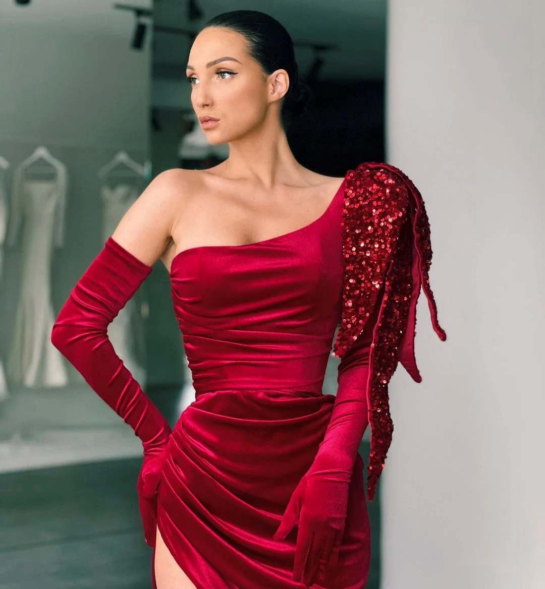 Vestidos de fiesta elegantes y sexys en color burdeos, vestidos largos de sirena con un hombro y abertura alta de talla grande para mujer, vestidos de noche formales para desfile de fiesta