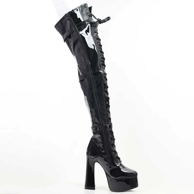 JIALUOWEI Gothic Women Lace Up Platform High Block Heel Punk Combat Thigh High Riding Boots