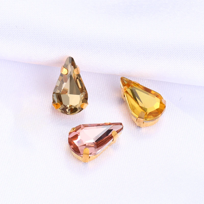 6x8mm Golden Shadow Pony Stones Tear Drop Glass Crystal Strass Sew-on Rhinestones Flat Back Golden Claws Sew On Clothing Crafts