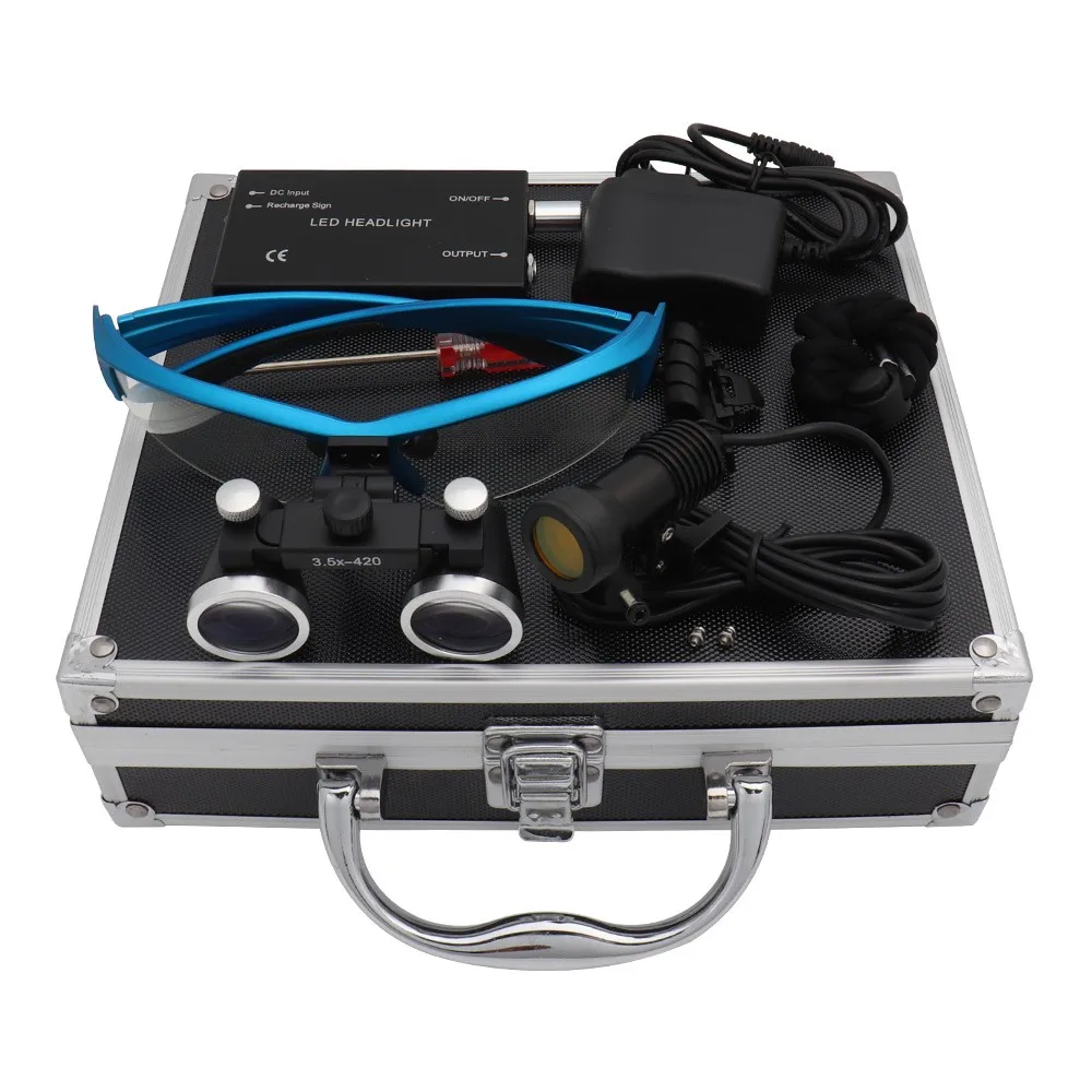 

Dental Loupes Lab Medical Magnifier Magnification Binocular 2.5 3.5x420 Headlight Headlamp 5W Metal Box