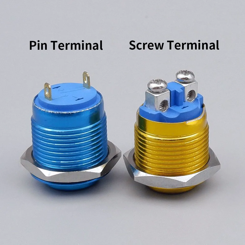 Momentary Push Button Switch Oxidation Metal Self Reset 16mm/19mm/22mm Red Blue Black Green Yellow Color 1NO Screw Pin Terminal