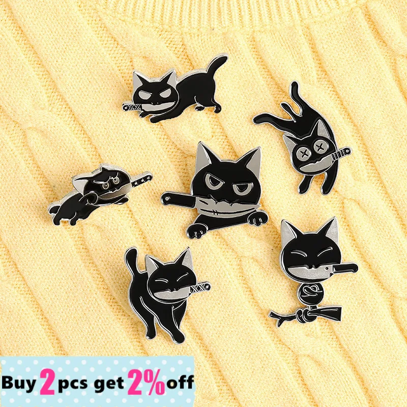 Black Cat Hanging Upside Down on The Tree Enamel Pins Kitten Knife Badge for Lapel Pin Brooches Jewelry Gifts Friend Wholesale