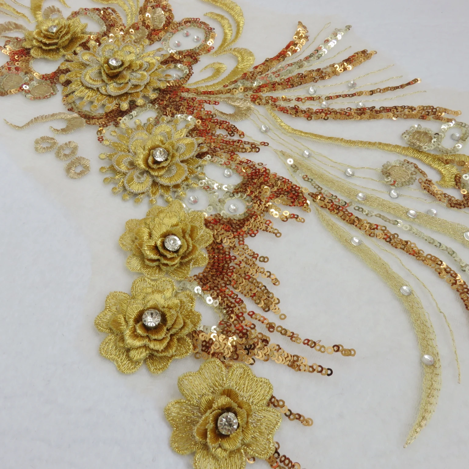 

1piece Gold cheongsam wedding dress appliques Large 3D flowers Front panels Pieces wedding dress accessories 46X28cm