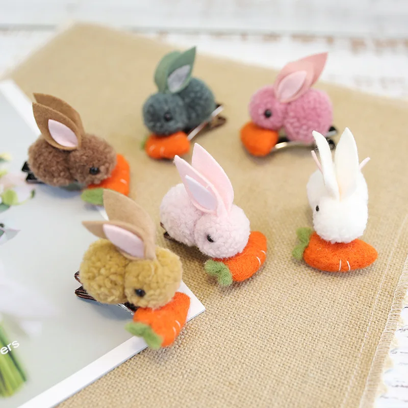 Boutique ins 12pcs Fashion Cute Pom Pom Rabbit Hair Clips Solid Carrot Bunny Hairpins Princess Headwear Hair Accessories