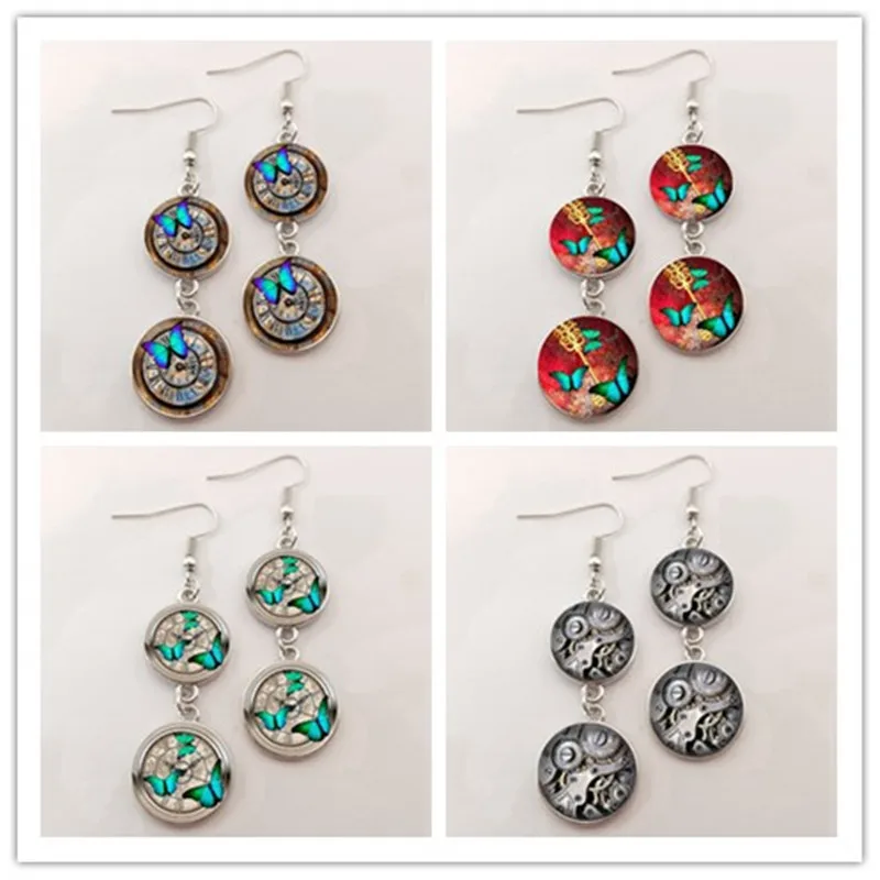 

Glamour steampunk clock earrings glass dome earrings handmade ladies jewelry jewelry butterfly pattern