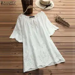 2023 ZANZEA Women's Embroidery Blouse Elegant Hollow Floral White Blusas Female Half Sleeve Tunic  Summer Tops S-