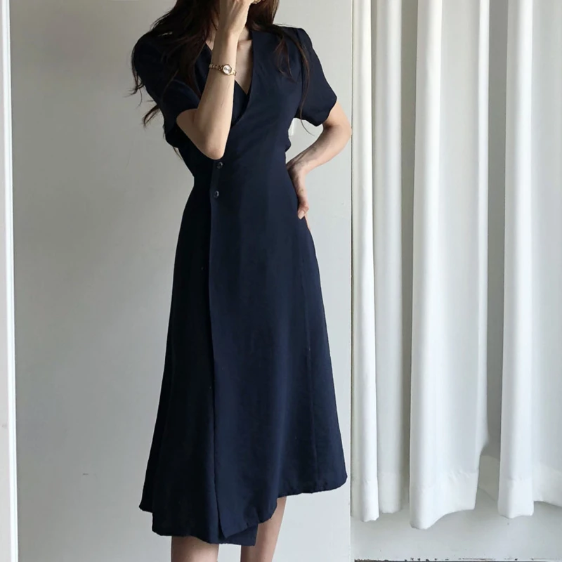 Colorfaith New 2021 Women Summer Dresses V-Neck Lace Up High Waist Vintage Elegant Korean Style Pure Lady Long Dresses DR3135A