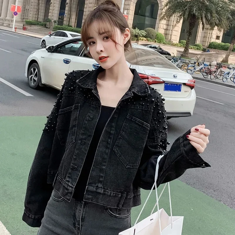 2025 Spring And Autumn New Denim Jacket Women's Jacket Short Coat Loose Little Man Beaded Jeans Outwear Female A73