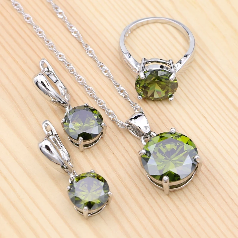 

925 Sterling Silver Jewelry Sets For Women Olive Green Cubic Zirconia Vintage Jewelry Necklace/Earrings/Pendant/Ring Set