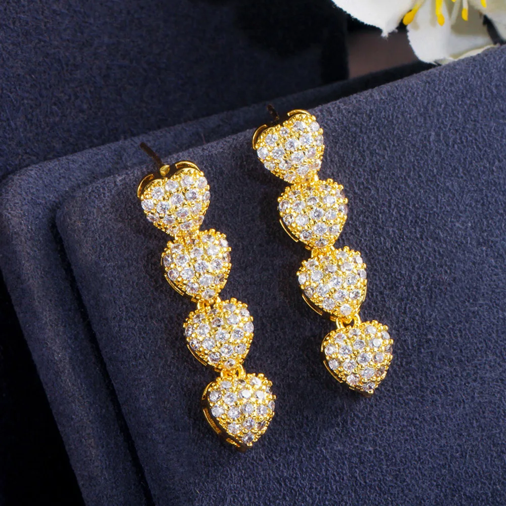 Pera Romatic Wedding Party Costume Jewelry Long Love Heart Cubic Zirconia Drop Necklace Earrings and Bracelet Set for Women J321