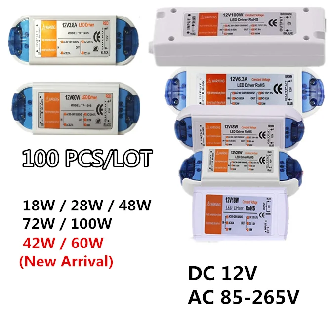 

100 шт. Питание 12V Светодиодный драйвер 18W 28W 42w 48W 60W 72W фары для 100W AC 85-265V постоянного тока до работающего на постоянном токе 12 В в освещение Трансформатор Адаптер для светодиодный полосы