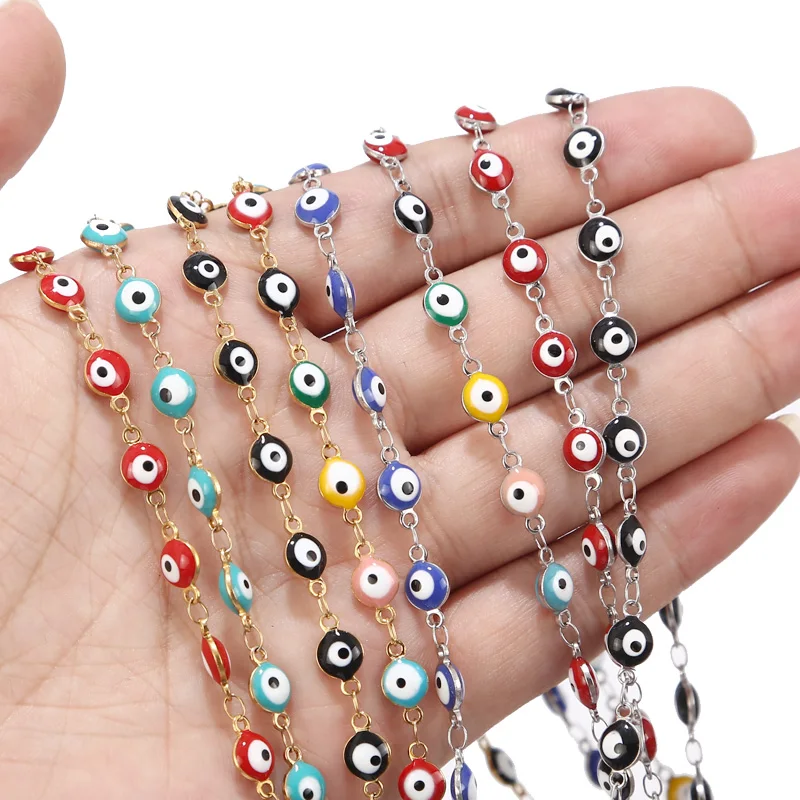 1 Meter Stainless Steel Turkey Eye Charm Chains Enamel Black Red Blue Eye Protection Link Chains for DIY Jewelry Making