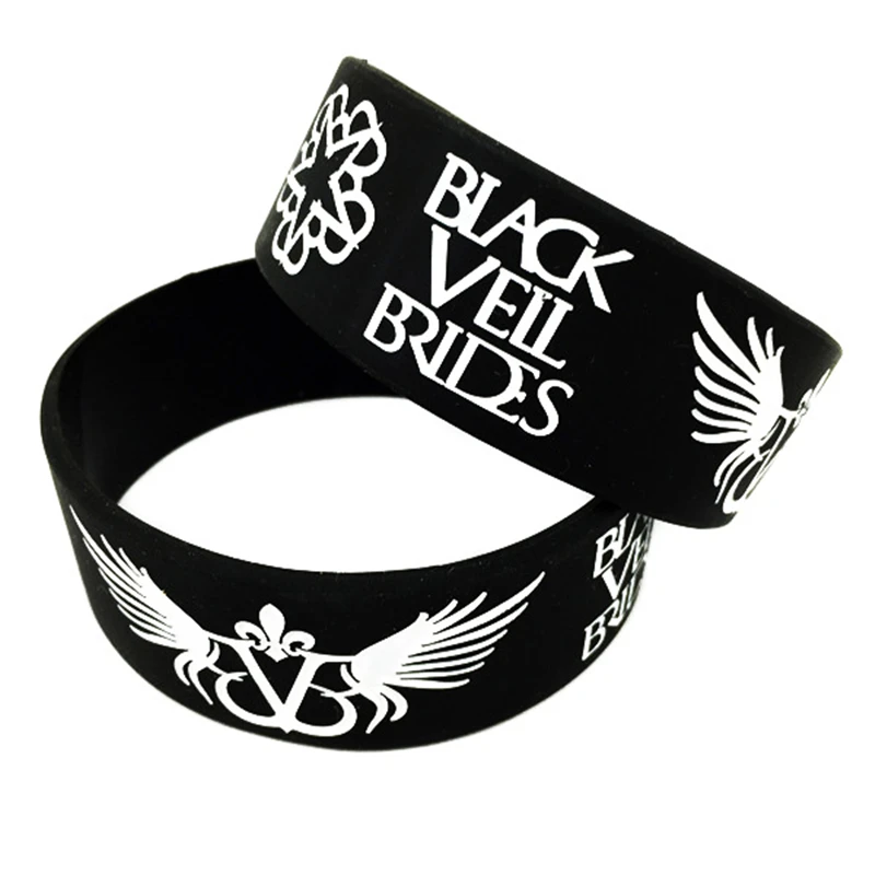 1 PC Black Veil Brides With Angel Wings Silicone Wristband 1 Inch Wide Adult Size