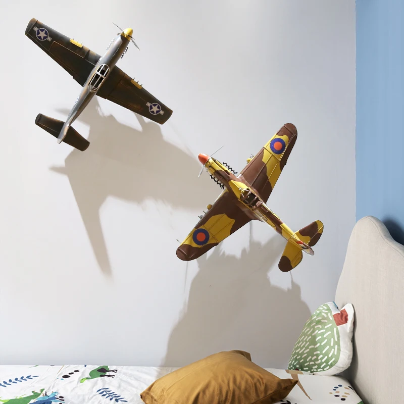 

European Wrought Iron Airplane Wall Sticker Ornaments Children's Room Wall Mural Crafts Home Livingroom Wall Hanging Decoration