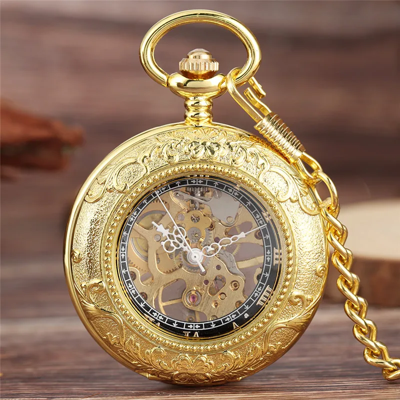 

Luxury Gold Transparent Cover Unisex Hand-wind Mechanical Pocket Watch Roman Numerals Skeleton Pendant Clock with Fob Chain