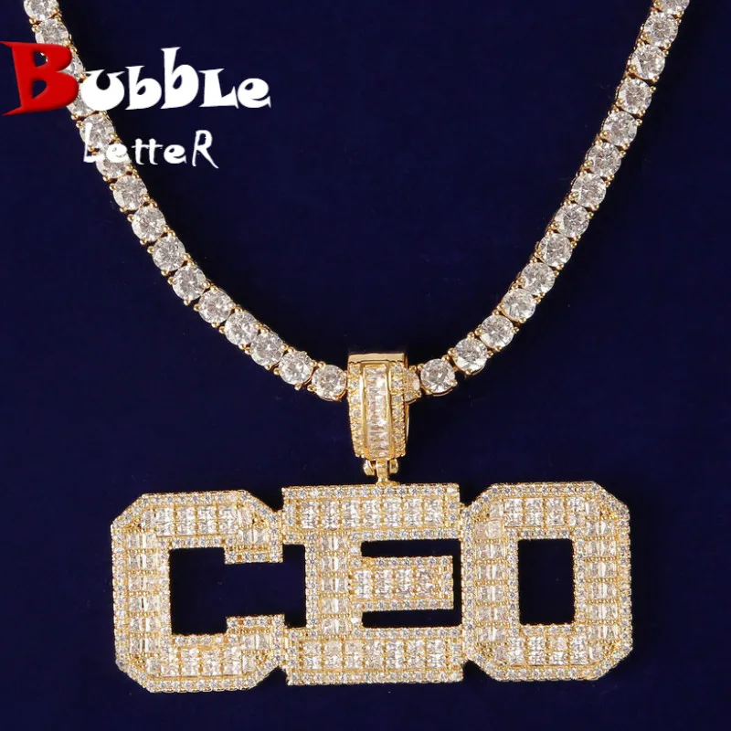 Bubble Letter Custom Name Necklace for Men Baguette Personalized Pendant Solid Base Charms Hip Hop Rock Street Jewelry 2022 Gift