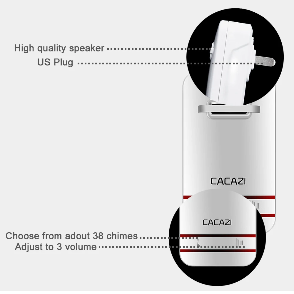 CACAZI Waterproof Wireless Doorbell Self-Powered LED Light No Battery Home Bell US EU UK Plug 38 Ring 1 Button 1 2 3 Receiver