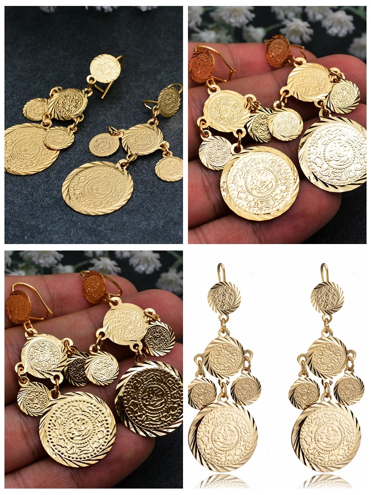 WANDO  Coin Dangle Trendy Earrings For Women Gold Color Women Fashion coins Jewelry Wholesale Round Dangle Drop Earrings