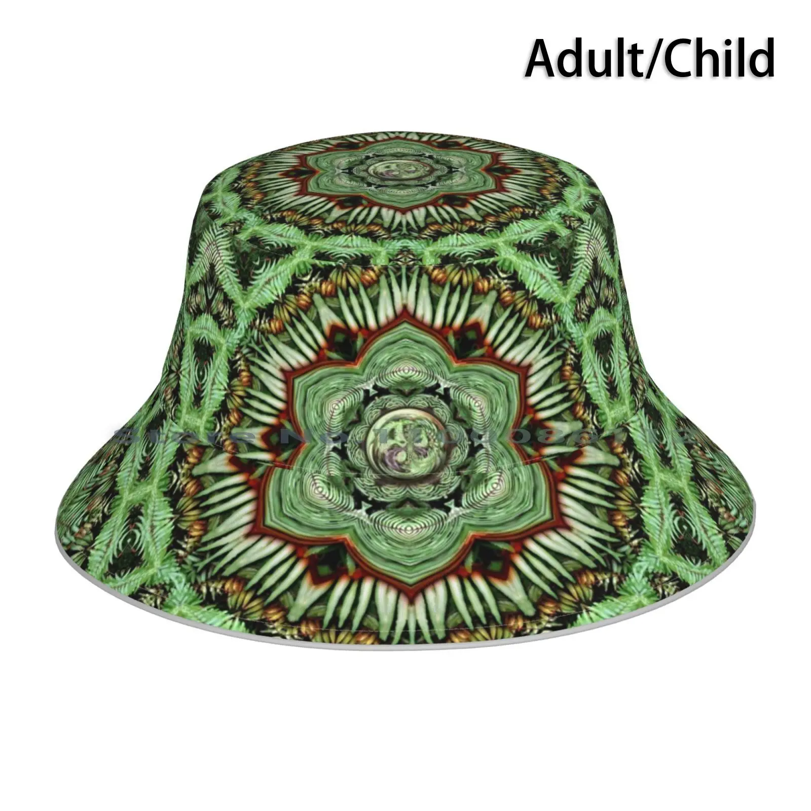 The Fern Never Stops Bucket Hat Sun Cap Tropical Psychedelic Kaleidoscope Sacred Geometry Mandala Centering Foldable Outdoor