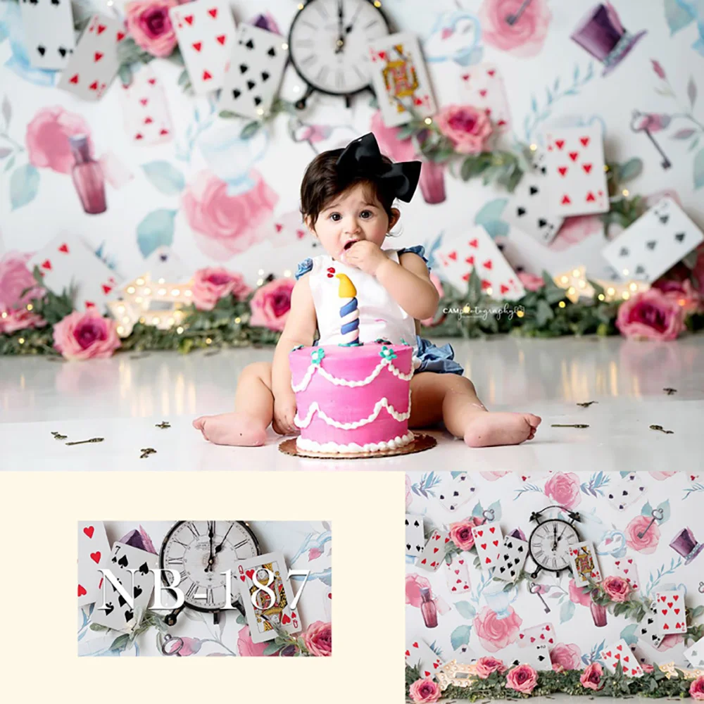 

Children Photography Background Playing Card Clock Bottle Flower Newborn Baby Birthday Party Theme Backdrop Professional Studio