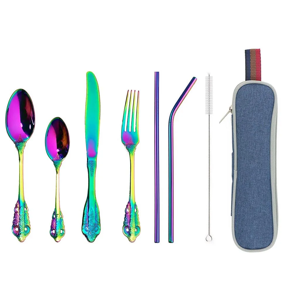 8Pcs Stainless Steel Cutlery Spoon Silverware Rainbow Colorful Travel Utensils Set For Hotel Tableware Gift Party Supplies Tools