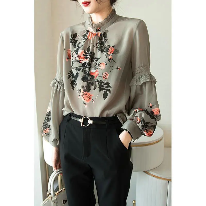 

2023 Spring And Autumn New Imitation Silk Shirt Women's All-match Printing Blouse Lantern Sleeve Leisure