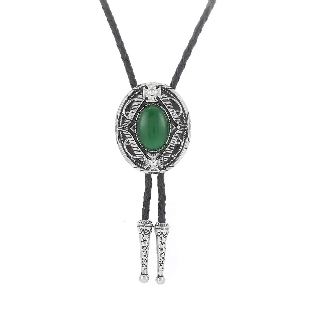 Green Aventurine bolo tie for man Indian cowboy western cowgirl leather rope zinc alloy necktie Oval shape wave side