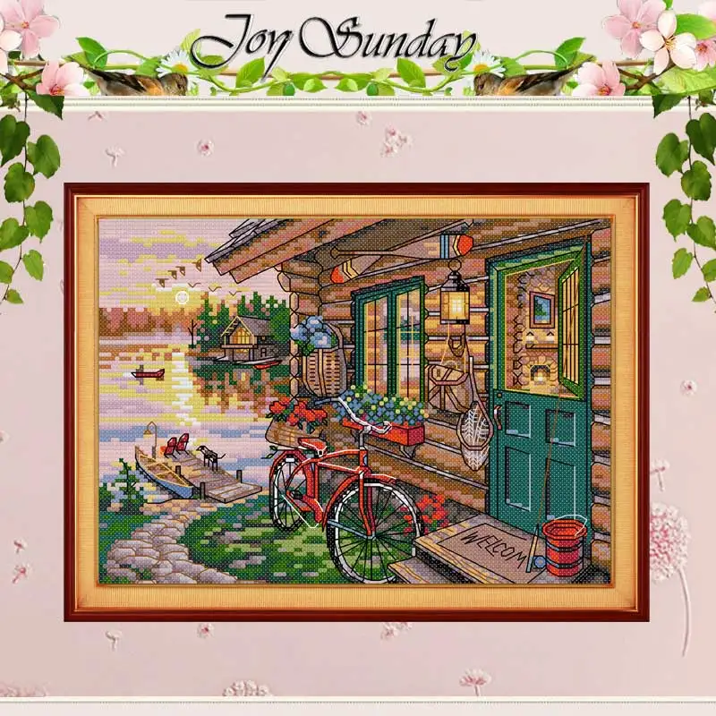 Riverside Hut Patterns Counted Cross Stitch Set DIY 11CT 14CT 16CT Stamped DMC Cross-stitch Kit Embroidery Needlework Home Decor