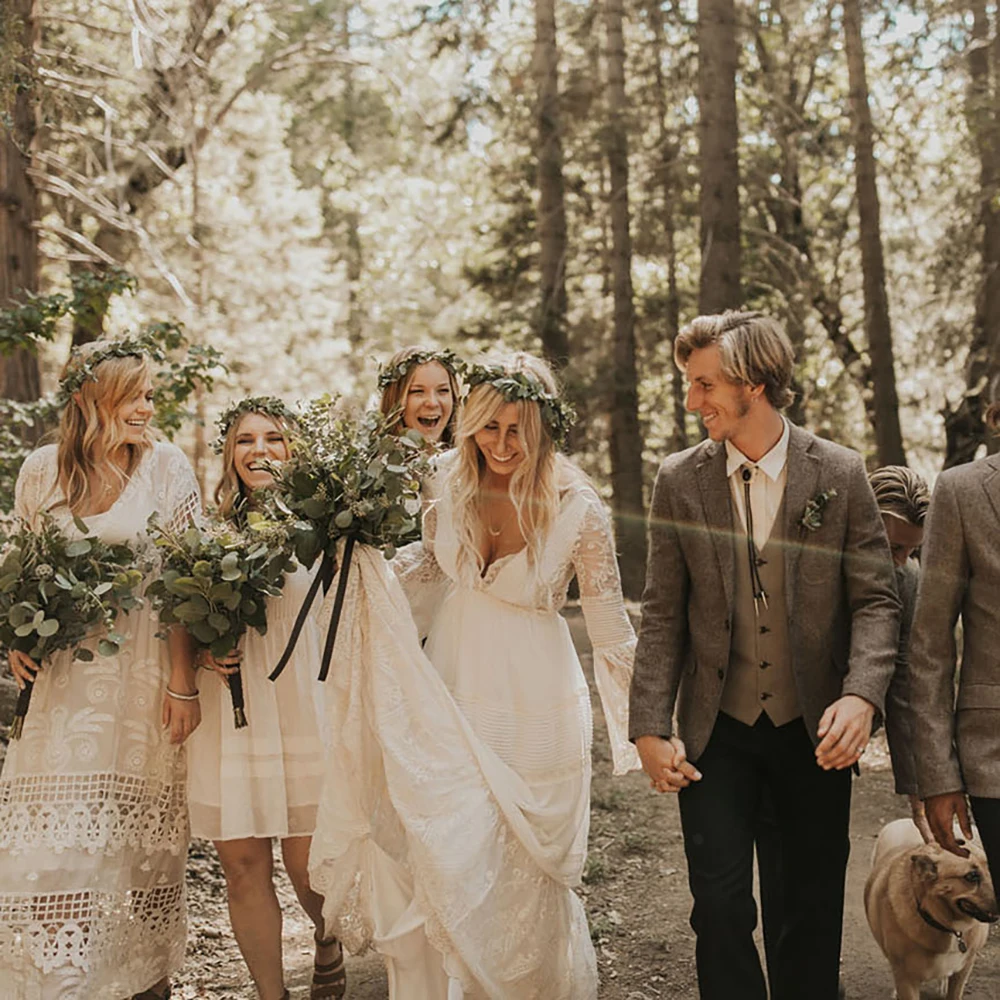 Vestido de novia de Chifón con cuello en V, prenda bohemia de talla grande, con espalda descubierta y mangas acampanadas, para senderismo