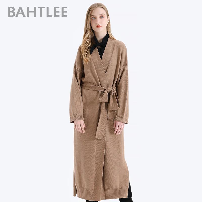 BAHTLEE-Women's Cashmere Coat with Belt, V-Neck Cardigan, Wool Sweater, Knitted, Long Sleeves, Loose Coat, Autumn, Winter