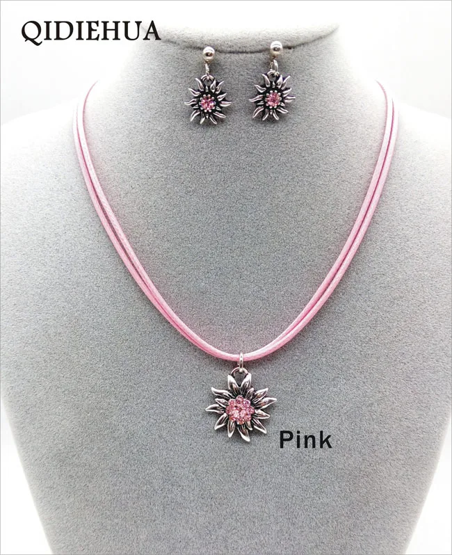 Vintage Edelweiss Jewelry Set Multicolor Crystal Flower Necklace and Costume Earrings Traditional Oktoberfest Costume Jewelry