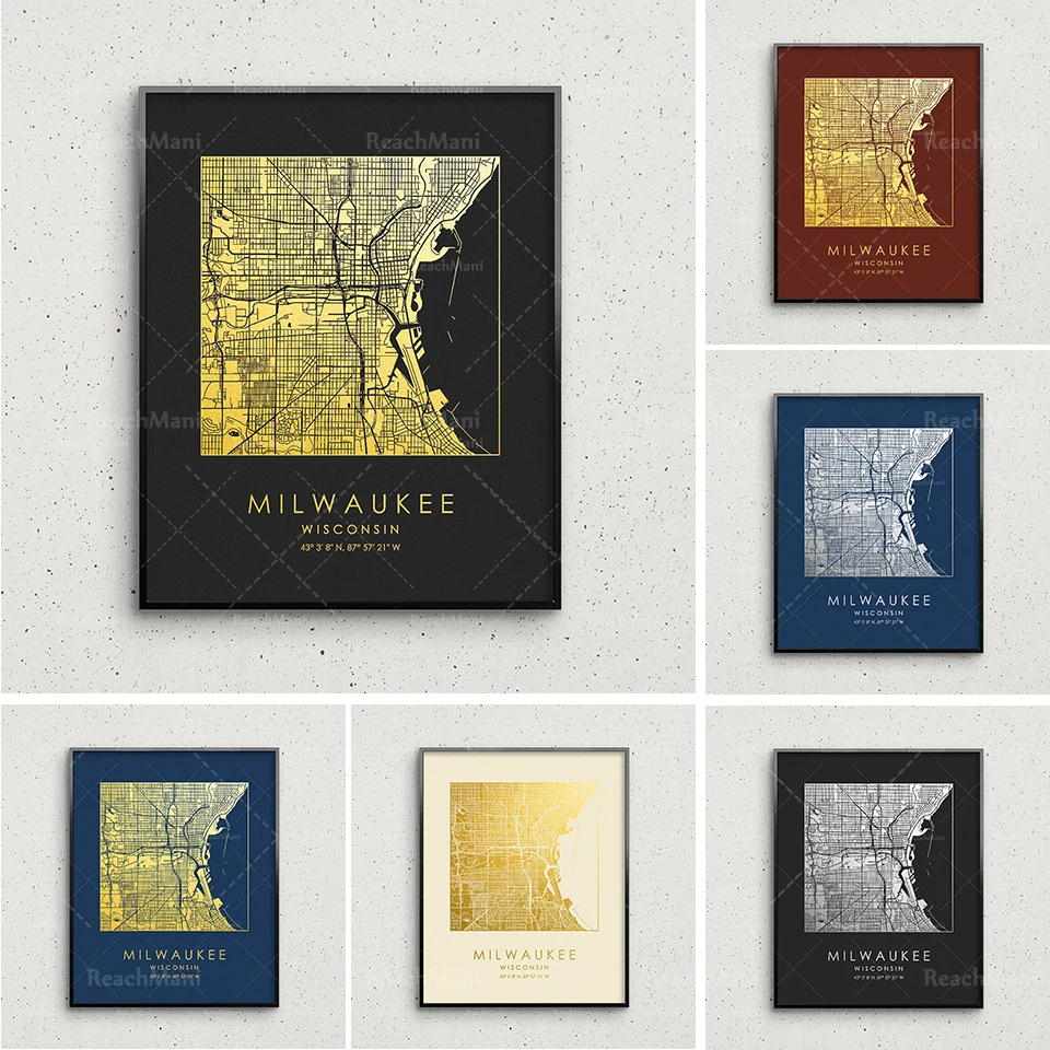 Milwaukee map printing, gold and silver Milwaukee square map, Milwaukee wall decoration, Milwaukee street map, map gift ideas