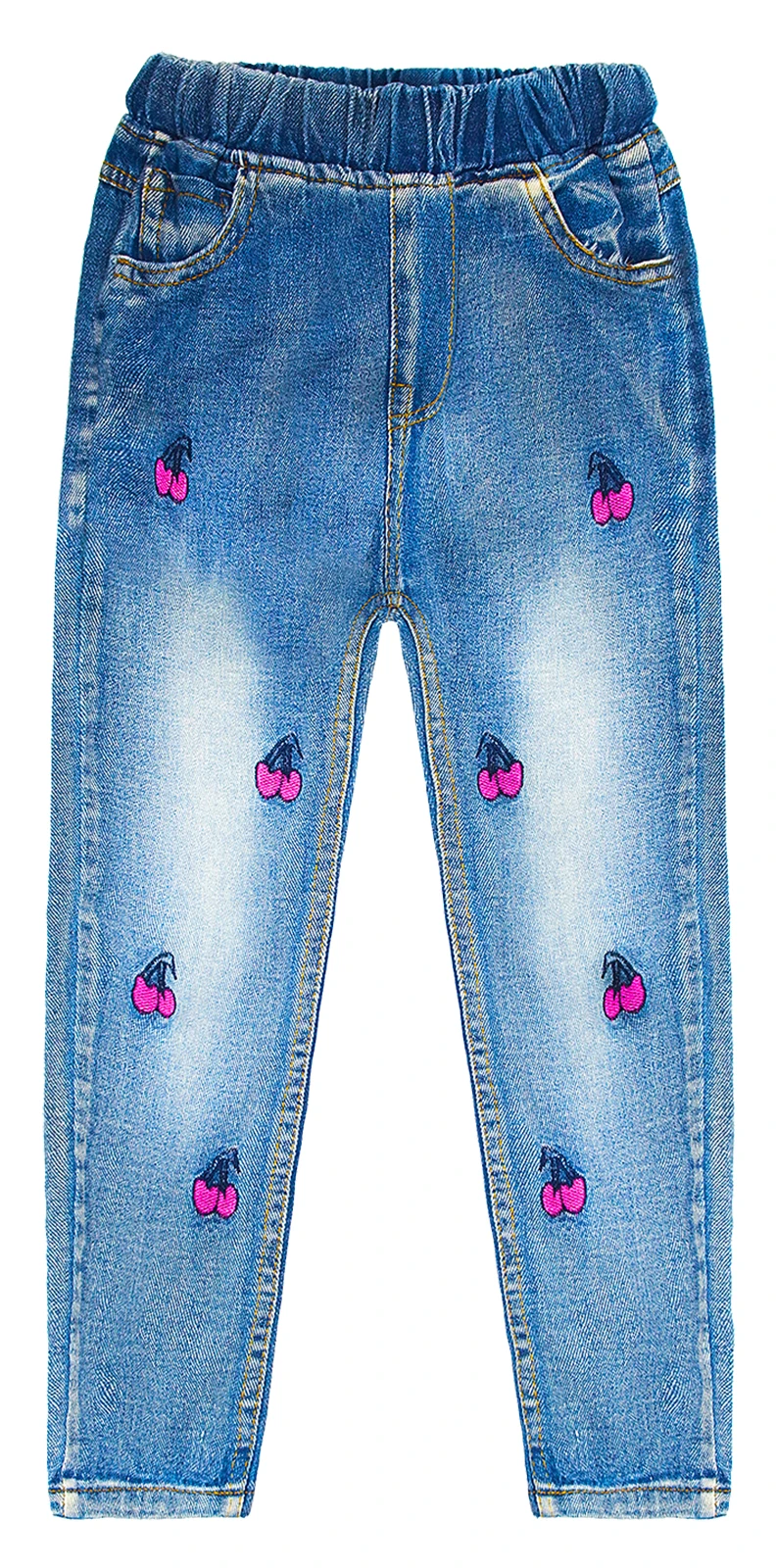 Kidscool Space Girls Cherry Embroidered Washed Elastic Waist Jeans Teenage Slim Cotton Denim Pants Clothes