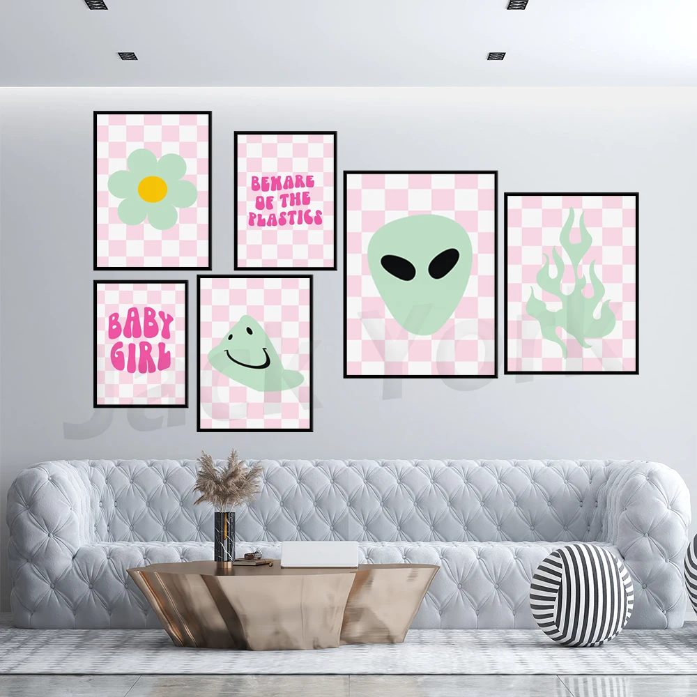 

Cosmic Alien Y2K Checkerboard Print - Retro Art, Groovy, Pink Wall Art, Y2K Aesthetic ,Indie, Floral Hippie, Girly Pastel, Fun