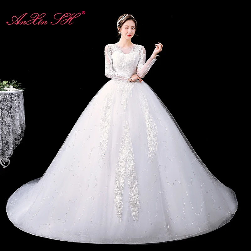 AnXin SH princess flower lace white party vintage o neck long sleeve illusion bride white sparkly customized wedding dress